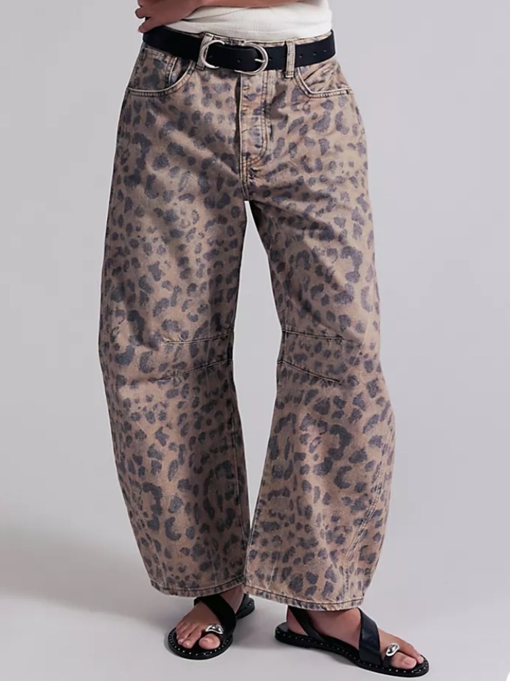 We The Free Good Luck Printed Barrel Jeans Brown Sugar Combo Leopard Print Sz 24